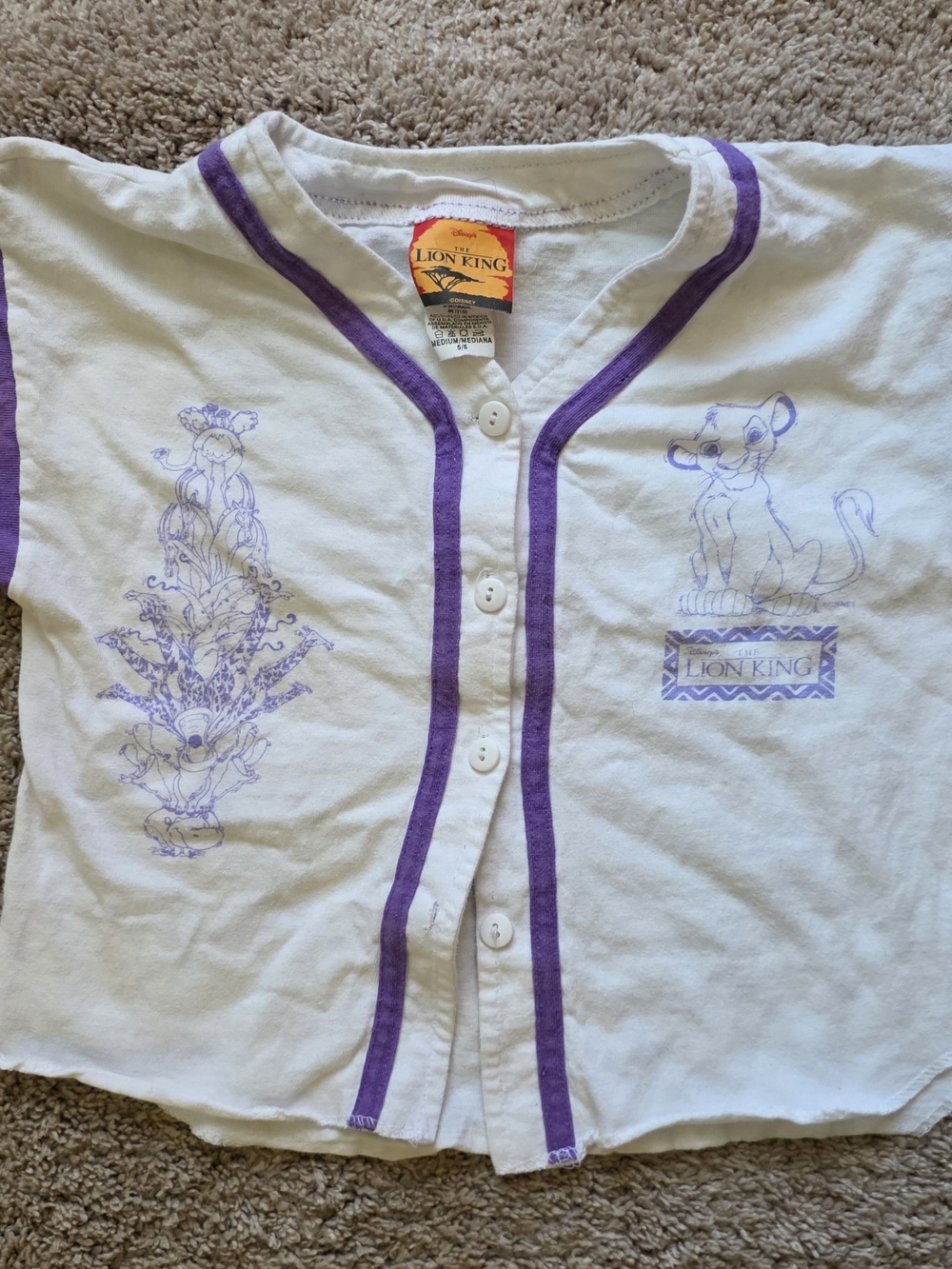 Vintage Disney Lion King Kids Baseball Shirt Size 5/6 Purple Button 100% Cotton
